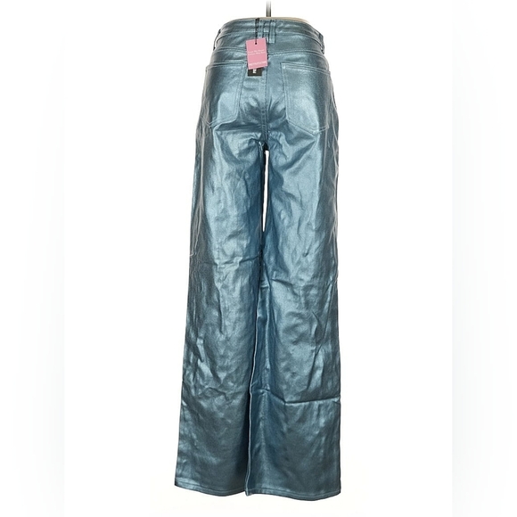PrettyLittleThing Metallic Teal Wide Leg Jeans Size 6 - Picture 3 of 7